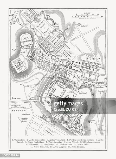 map of the ancient rome, wood engraving, published in 1897 - roman forum stock illustrations