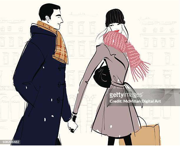 man and woman walking in snow, holding hands - winter scarf stock illustrations