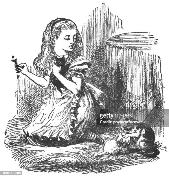 alice holding a chess piece and playing with her kittens in through the looking-glass - ethereal stock illustrations