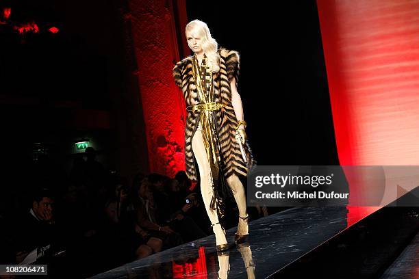 Andreja Pejic walks the runway during Jean-Paul Gaultier show as part of Paris Menswear Fashion Week Fall/Winter 2011-2012 at Atelier Jean-Paul...