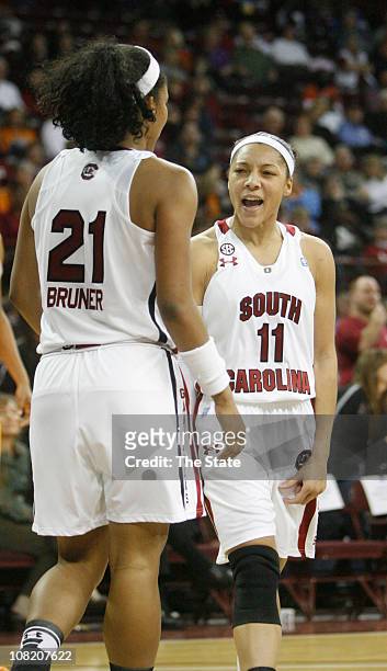 South Carolina's La'Keisha Sutton and Ashley Bruner during the first half against Tennessee at the Carolina Coliseum in Columbia, South Carolina, on...