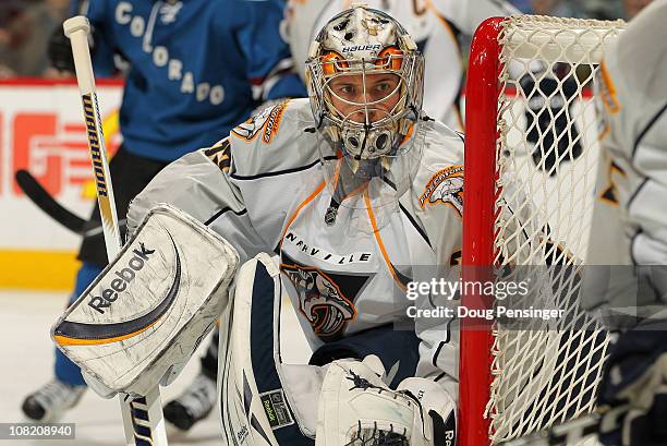 Goalie Pekka Rinne of the Nashville Predators defends the net against the Colorado Avalanche at the Pepsi Center on January 20, 2011 in Denver,...