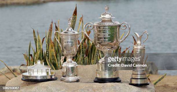 Unique collection of trophies The golfing world's four Major trophies left to right - The Masters, The US Open, The US PGA and Open Championship...