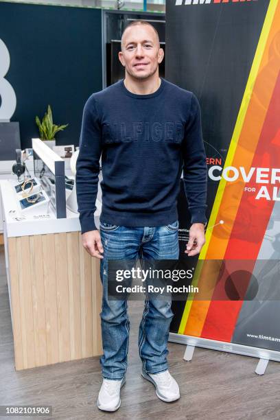 Champion Georges St-Pierre visits the B8ta store in Battery Park to promote the Tim Tam Professional Recovery Massager on December 13, 2018 in New...