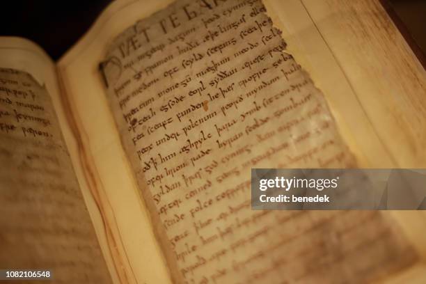 manuscript van beowulf in de british library londen verenigd koninkrijk - angelsaksisch stockfoto's en -beelden