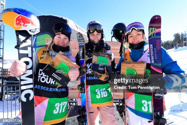 Tess Ledeux of France in second place, Kelly Sildaru of Estonia in first place and Maggie Voisin of the United States in third place celebrate on the...