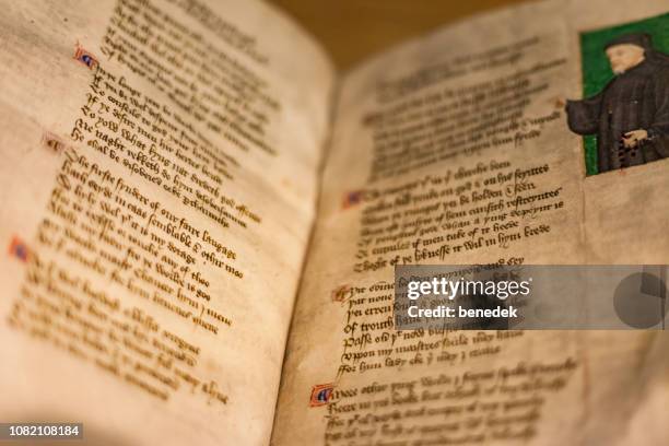 the canterbury tales manuscript in the british library london uk - anglo saxon london stock pictures, royalty-free photos & images
