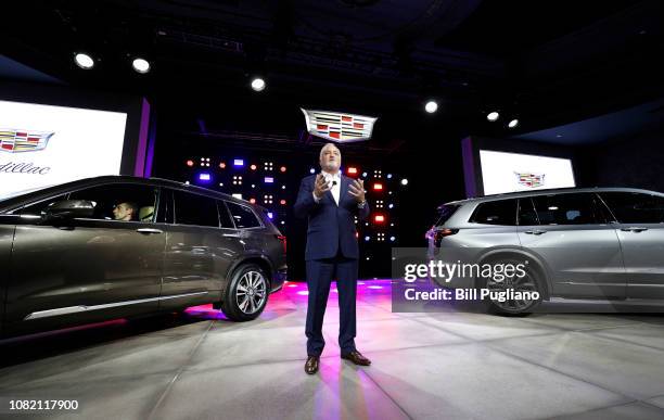 General Motors President of Cadillac Steve Carlisle speaks at the reveal of the General Motors Cadillac XT6 three-row crossover SUV at the Garden...