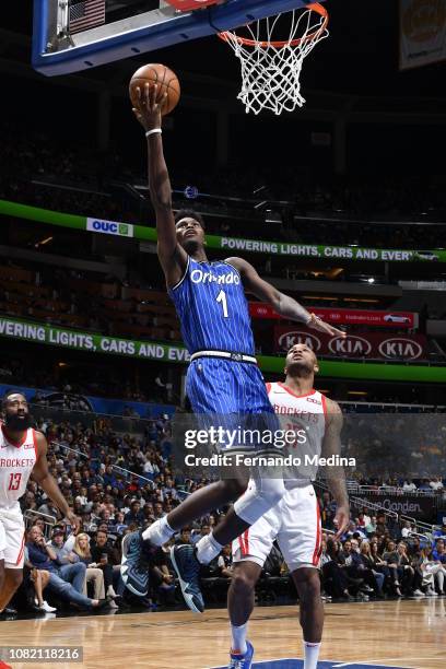 Jonathan Isaac of the Orlando Magic puts up the shot against the Houston Rockets on January 13, 2019 at Amway Center in Orlando, Florida. NOTE TO...