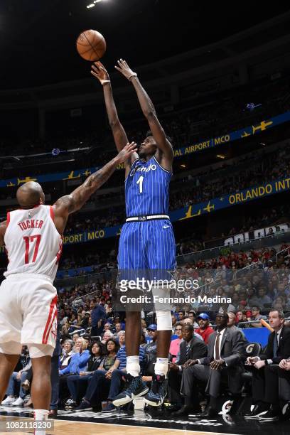 Jonathan Isaac of the Orlando Magic shoots corner three against the Houston Rockets on January 13, 2019 at Amway Center in Orlando, Florida. NOTE TO...