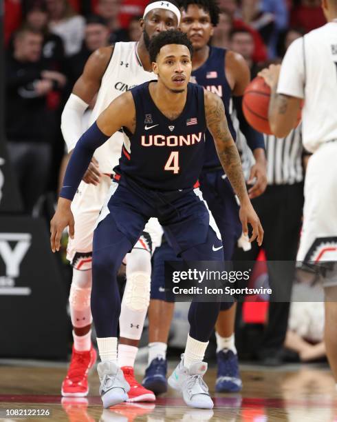 Connecticut Huskies guard Jalen Adams plays defense during the game against the Connecticut Huskies and the Cincinnati Bearcats on January 12th 2019,...