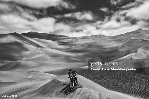 Tesla-Tamega Rally Team No. 54 Motorbike ridden by Fausto Mota of Spain competes in the desert on the sand during Stage Six of the 2019 Dakar Rally...