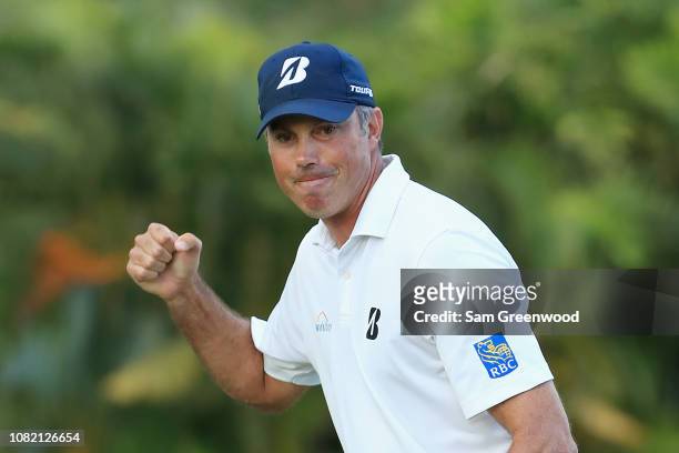 Matt Kuchar of the United States reacts on the 15th green during the final round of the Sony Open In Hawaii at Waialae Country Club on January 13,...