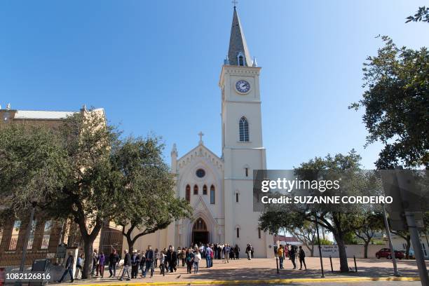 People leave San Agustin Cathedral following Sunday mass on January 13, 2019 in Laredo, Texas.