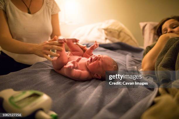 midwife examining newborn baby girl while mother lying on bed at home - home birth stock-fotos und bilder