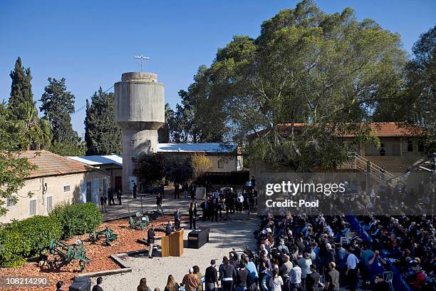 Israeli President Shimon Peres eulogizes his wife Sonia, during her funeral ceremony on January 21, 2011 in Ben Shemen, Israel. Thousands of people...