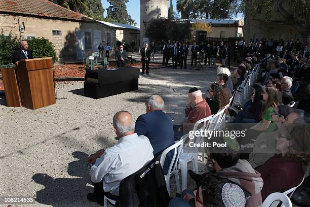 Israeli President Shimon Peres eulogizes his late wife Sonia during the funeral service a day after she passed away in her sleep at the age of 87, on...