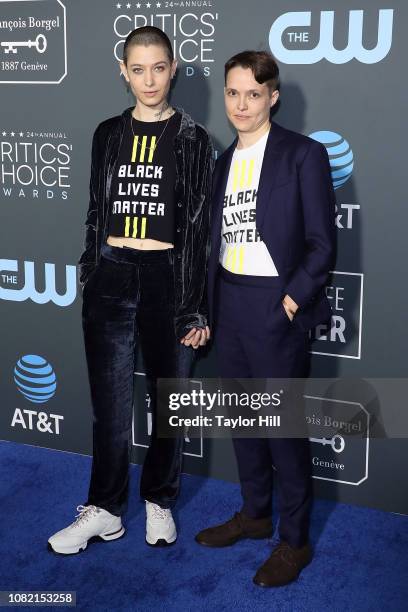 Asia Kate Dillon and partner Corinne attend The 24th Annual Critics' Choice Awards at Barker Hangar on January 13, 2019 in Santa Monica, California.