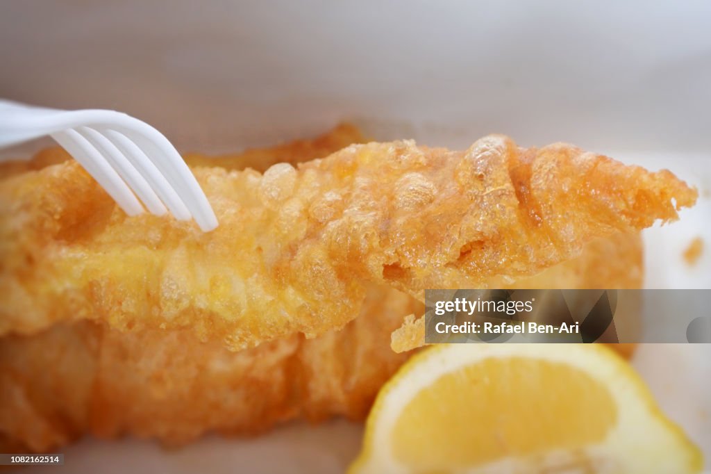 Fried Fish and Lemon in Takeaway Box