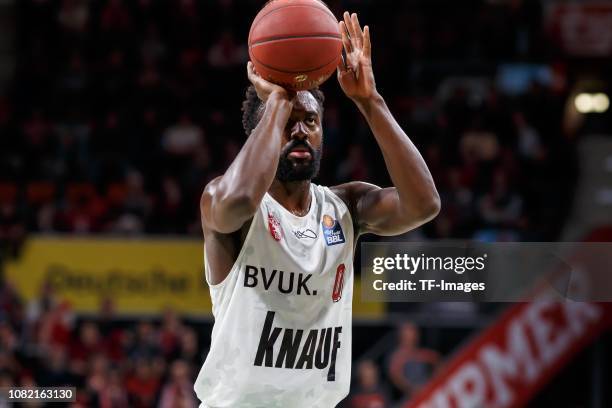 Gabriel Olaseni of s.Oliver Wuerzburg making a foul shot during the game between FC Bayern Muenchen and s.Oliver Wuerzburg at the Audi Dome on...