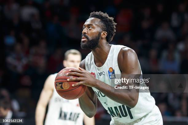 Gabriel Olaseni of s.Oliver Wuerzburg making a foul shot during the game between FC Bayern Muenchen and s.Oliver Wuerzburg at the Audi Dome on...