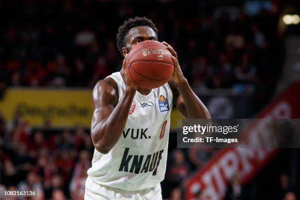 Gabriel Olaseni of s.Oliver Wuerzburg making a foul shot during the game between FC Bayern Muenchen and s.Oliver Wuerzburg at the Audi Dome on...