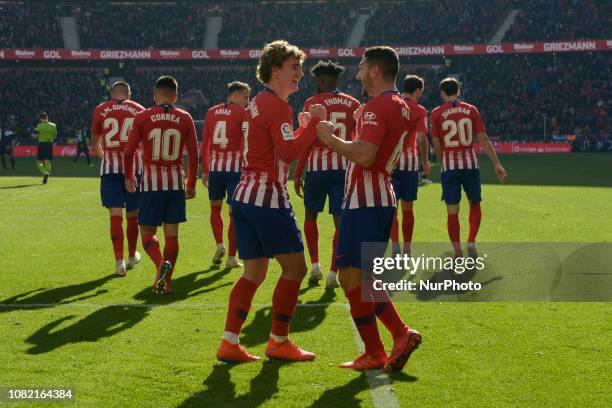 Antoine Griezmann and Koke of Atletico de Madrid celebrate after the goal during a match between Atletico de Madrid vs Levante for Spanish League...