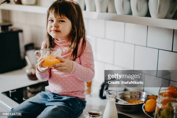 girl having breakfast in kitchen - cloche stock pictures, royalty-free photos & images