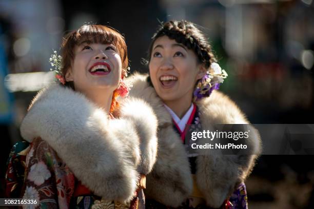 Japanese women wearing kimonos attend their Coming of Age Day celebration ceremony at Toshimaen amusement park in Tokyo, Japan January 14, 2019.