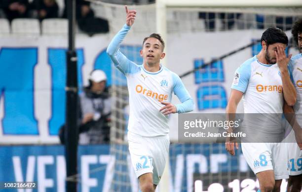 Maxime Lopez of Marseille celebrates his goal during the french Ligue 1 match between Olympique de Marseille and AS Monaco at Stade Velodrome on...