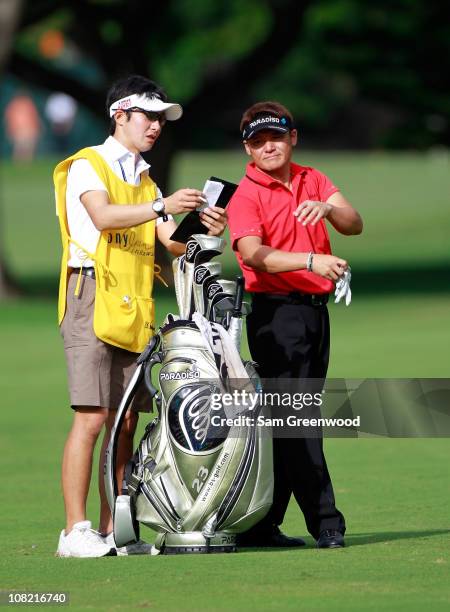 Shigeki Maruyama of Japan plays a shot during the third round of the Sony Open at Waialae Country Club on January 16, 2011 in Honolulu, Hawaii.