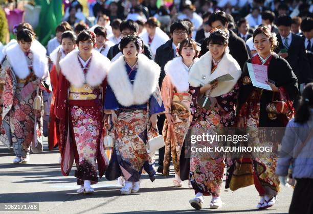 Twenty-year-old Japanese women dressed in kimonos take part in "Coming-of-Age Day" celebrations at Toshimaen amusement park in Tokyo on January 14,...