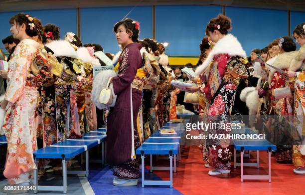 Twenty-year-old Japanese women dressed in kimonos take part in a "Coming-of-Age Day" celebration ceremony at Toshimaen amusement park in Tokyo on...