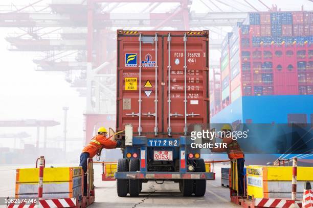 Workers prepare a container at the port in Qingdao, China's eastern Shandong province, on January 14, 2019. China's global trade volume rose last...