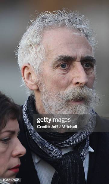 John Byrne, playwright and artist attends the funeral of Scottish singer songwriter Gerry Rafferty at St Mirren Cathedral on January 21, 2011 in...