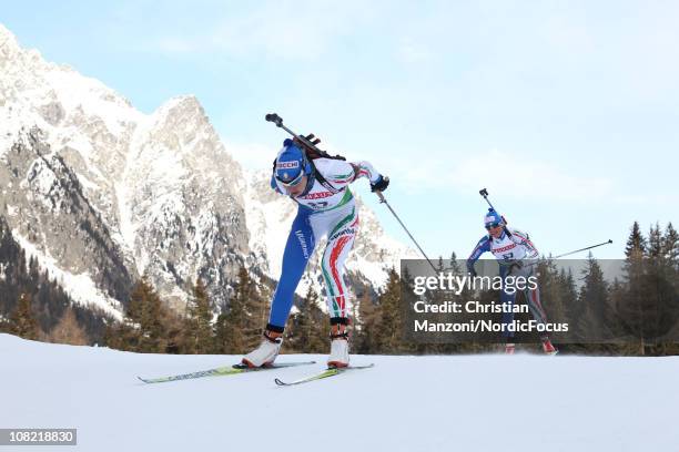 Michela Ponza of Italy leads teammate Karin Oberhofer of Italy in the women's sprint during the E.ON IBU Biathlon World Cup on January 21, 2011 in...
