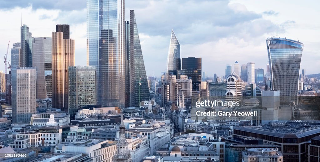 Elevated view over London financial District at sunset