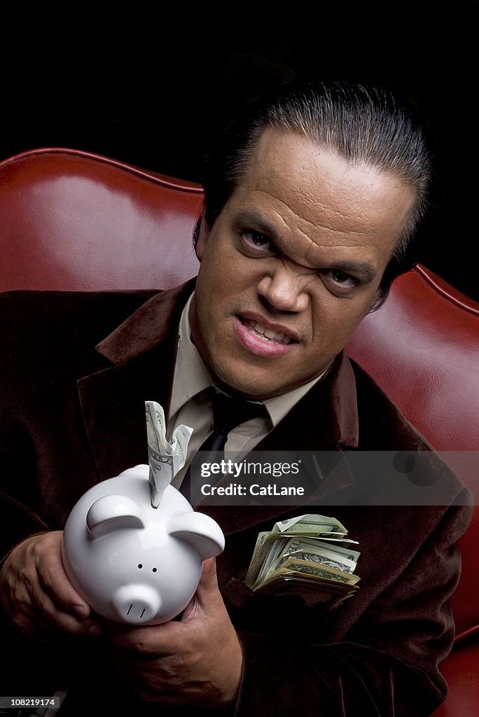 Greedy Man with Piggy Bank and Cash