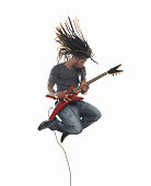 Man playing electric guitar and jumping