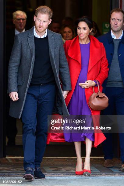 Prince Harry, Duke of Sussex and Meghan, Duchess of Sussex depart from Birkenhead Town Hall on January 14, 2019 in Birkenhead, England.