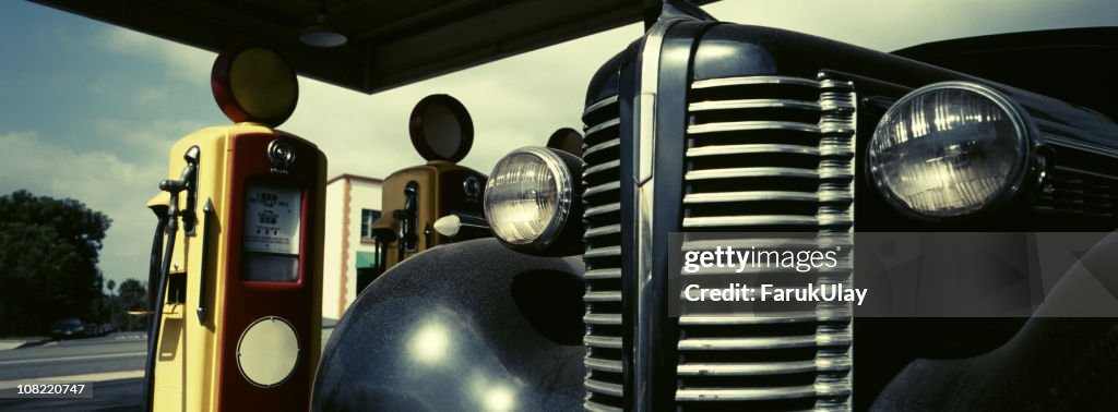 Retro Scene with Vintage Gas Pumps and Car