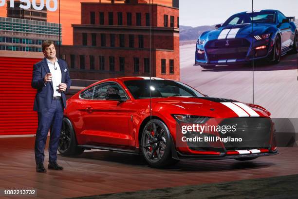 Jim Farley, Ford Motor Company Executive Vice President and President of Global Markets, reveals the 2020 Ford Mustang Shelby GT 500 at the 2019...