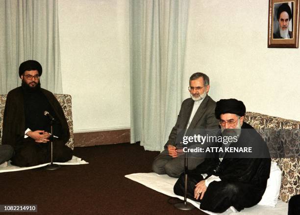 Iran's supreme leader Ayatollah Ali Khamenei and Foreign Minister Kamal Kharazi meet with the leader of Lebanon's Hezbollah movement, Sheikh Hassan...