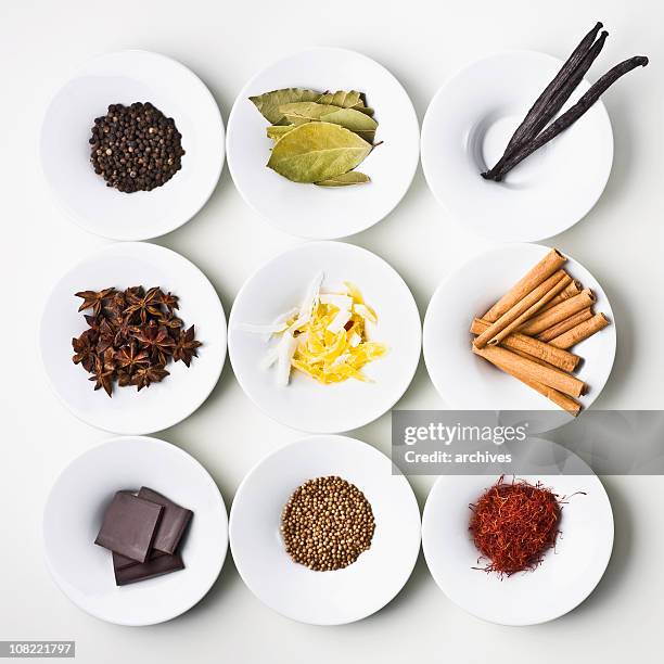 small samples of world food items organized onto plates - cayenne powder stock pictures, royalty-free photos & images