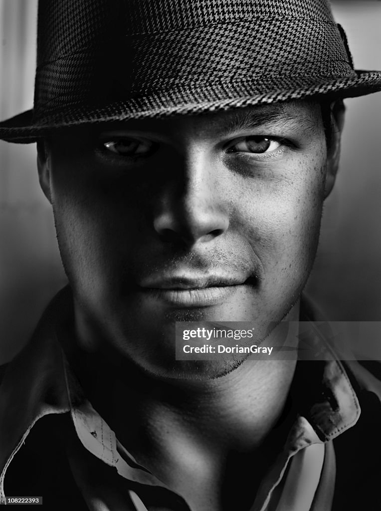 Portrait of Young Man Wearing Hat, Black and White