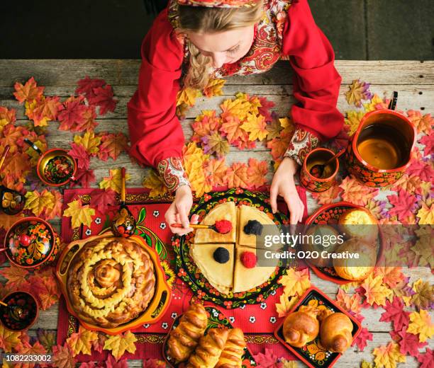 russian traditional holiday bread on a table - top down view - red caviar stock pictures, royalty-free photos & images