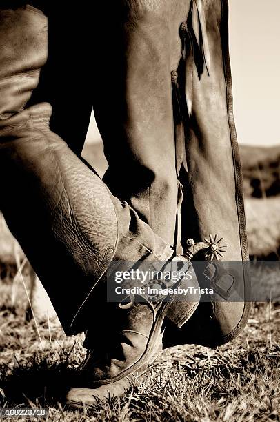 man's cowboy boots and leather chaps, sepia toned - boot spur stock pictures, royalty-free photos & images