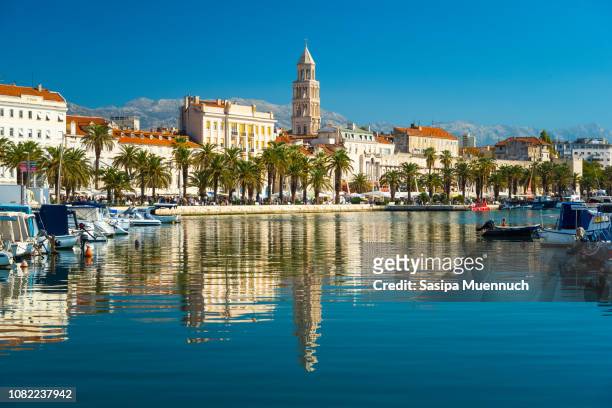 split and diocletian's bell tower reflection - croatia stock pictures, royalty-free photos & images