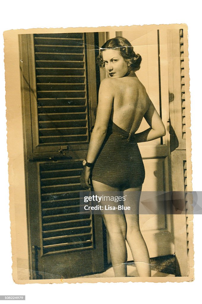 Young Woman with Swimwear in 1935. Black And White