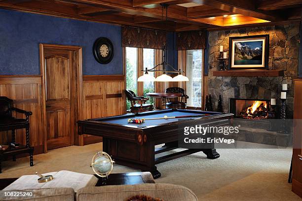 pool table in bonus room interior - basement stock pictures, royalty-free photos & images